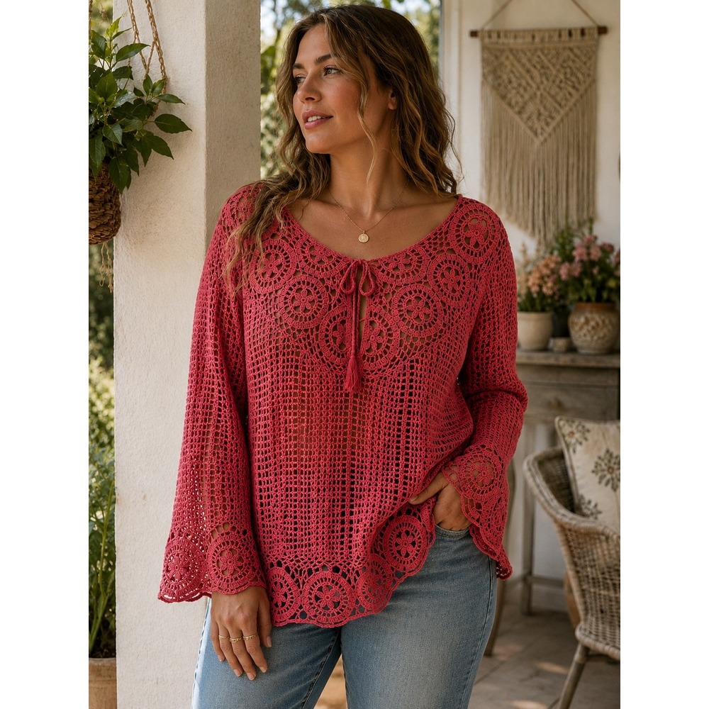 JW Style Crochet Top XL Boho Floral Medallion Coral Cotton Tie Front